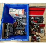 A box of various cameras and accessories to include a Pentax K 1000 in case with accessories, a