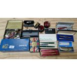 A box of collectables including Paper Mate pens, Parker pens, Royal memorabilia including tin