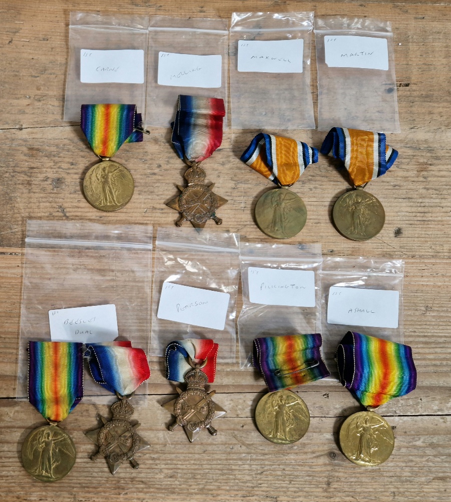 A tray of nine WW1 medals - 101795 S. STH. A. Melling RHA, 315760 PTE. J.H. Carne Devon. R. , 3543