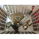 A box of collectables including a Victorian pietra dura black marble obelisk thermometer, a brass