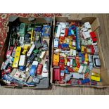 Two boxes of die cast model vehicles, Matchbox, Dinky, Corgi, etc.