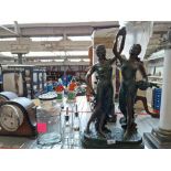 A large, heavy, vintage lamp base of two scantily clad ladies on plinth together with a vintage crue