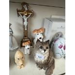 Beswick cat, three Sylvac dogs and a crucifix