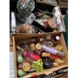 A box of perfume bottles (all empty) and a box of treen, pottery, medicine bottles etc