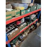 Three shelves (appx 14 boxes) of misc items - household, garage and kitchen, including ceramics,