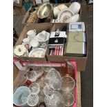 Six boxes of mixed items including ceramics, metal ware, glass, electricals, etc together with