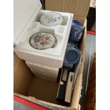 A box of china and pottery items to include Jasperware, "Enchantment" by Lena Lau cameo music boxes,