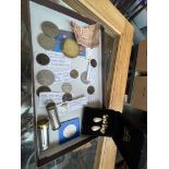 A small collection of British and world coins, tokens, bank notes, 6d savings tubes, and a pair of