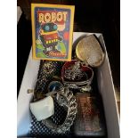 A small box of collectables to include cloisonne dishes, bracelet, spectacles, Flying Scotsman