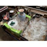 Three boxes including 2 of glassware and a box containing plated cutlery, pewter, barometer,