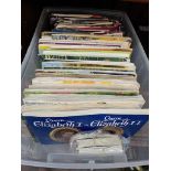 A box of cigarette card books and assorted postcards