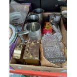 A box of various bric-a-brac to include two clocks, few pewter jugs, crystal decanter, flasks, etc