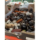 A box of various furniture door knobs to include wooden, ceramic, etc. together with some inkwells.