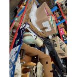 5 boxes of mixed items including treen, pottery vases, lace / linen, pottery, etc.