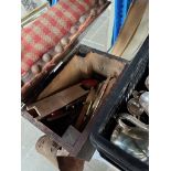 A vintage fishing box/stool with assorted contents, together with two fishing books.