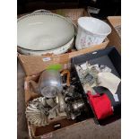 A box of pottery including a large Royal Doulton "Albany" bowl, cutlery, metal-ware, etc and a box