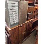 Various items of furniture; a pine side cabinet, grey metal filing drawers, sewing box/table, wooden
