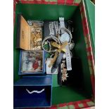 A box of ladies and gents wristwatches and costume jewellery including charm bracelet, Gruen