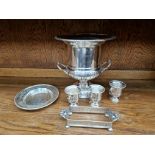 A silver plated wine cooler of campana urn form and other plated ware.