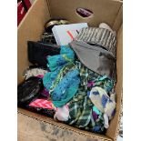 A box of handbags and scarves etc