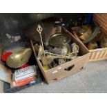 Two boxes and a wicker hamper of various metalware to include large funnel, kitchen scales, horse