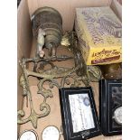 A box of mixed metalware including brass bell, brass miners lamp, pocket watches, etc.