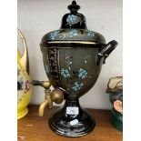A lidded ceramic Samovar - Forget-me-not pattern over green and black ground