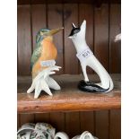 Cmielow porcelain black and white sitting fox figure approx 14cm high with a Karl Ens kingfisher