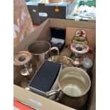 A box of plated-ware together with an Accurist watch, some costume jewellery, a stopwatch, etc.