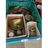 A box of brass-ware including Donald Duck photo frame, selection of weights, numbers, other items