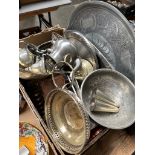 A box of metalware including brass, stainless steel etc