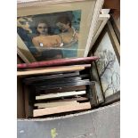 A box of various pictures and prints including original works.