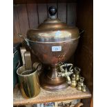 A copper samovar, brass bell weight, and graduated copper measuring cups - 2 pint, 1 pint and half