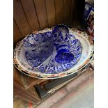 2 large platters and 6 pieces of blue flash cut and glass