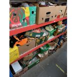 Three shelves (appx 16 boxes) of miscellaneous items including garage wares, household, battery