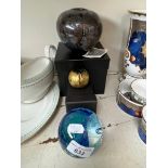 3 pieces of Isle of Wight glass - globe vase approx 11.5cm diameter (boxed), apple (boxed) and a