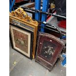 A metal single bed frame - no connecting bars together with 2 panels, a gilt frame mirror and a