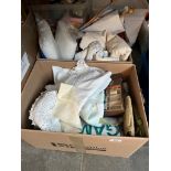 Two boxes of haberdashery, cotton bobbins, linen ware etc