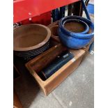 A terracotta trough, 2 square terracotta planters, a terracotta plant pot and 3 glazed plant pots