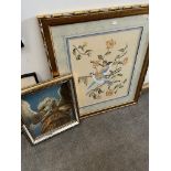 A Chinese painting on silk depicting birds and flowers and a religious print depicting an angel,