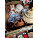 A box of assorted china and pottery including Wedgwood jasper ware, stoneware, Staffordshire pot