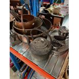 Assorted metal ware including copper and brass, a cast iron kettle, iron, a silver plated tea set.