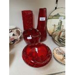 2 pieces of Whitefriars red glass - ‘Molar’ bowl with controlled bubbles by Geoffrey Baxter (no.