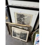 Four pictures comprising two reproduction battle prints, an oil signed 'G Innes' and an etching.