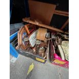 A box of treen to include a mantel clock, barometer, barley twist candlesticks, artist's easel,