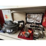 A collection of cutlery, some cased, and a plated teapot