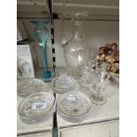 Assorted glass comprising an etched jug, a set of four Dartington coasters, four small glasses and a