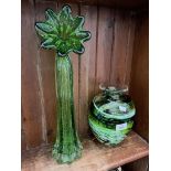 A very heavy green & white studio glass vase together with a 43cm high flower form piece with