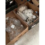 Two boxes of assorted pottery and glass including commemorative china, part dinner service etc.