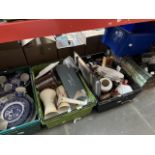 4 boxes and a hamper of misc pottery including blue and white (Willow pattern), collectors plates